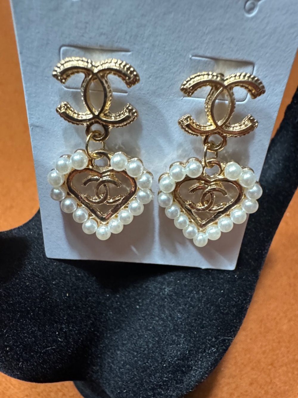CC Heart Shape Pearl-Accent Gold Tone Earrings